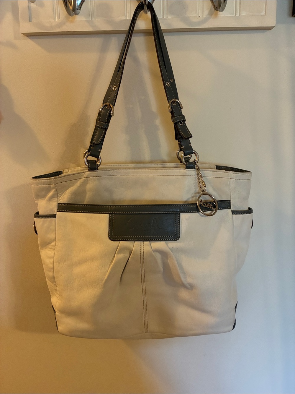 Coach White and gray leather satchel handbag with Coach Charm Tag